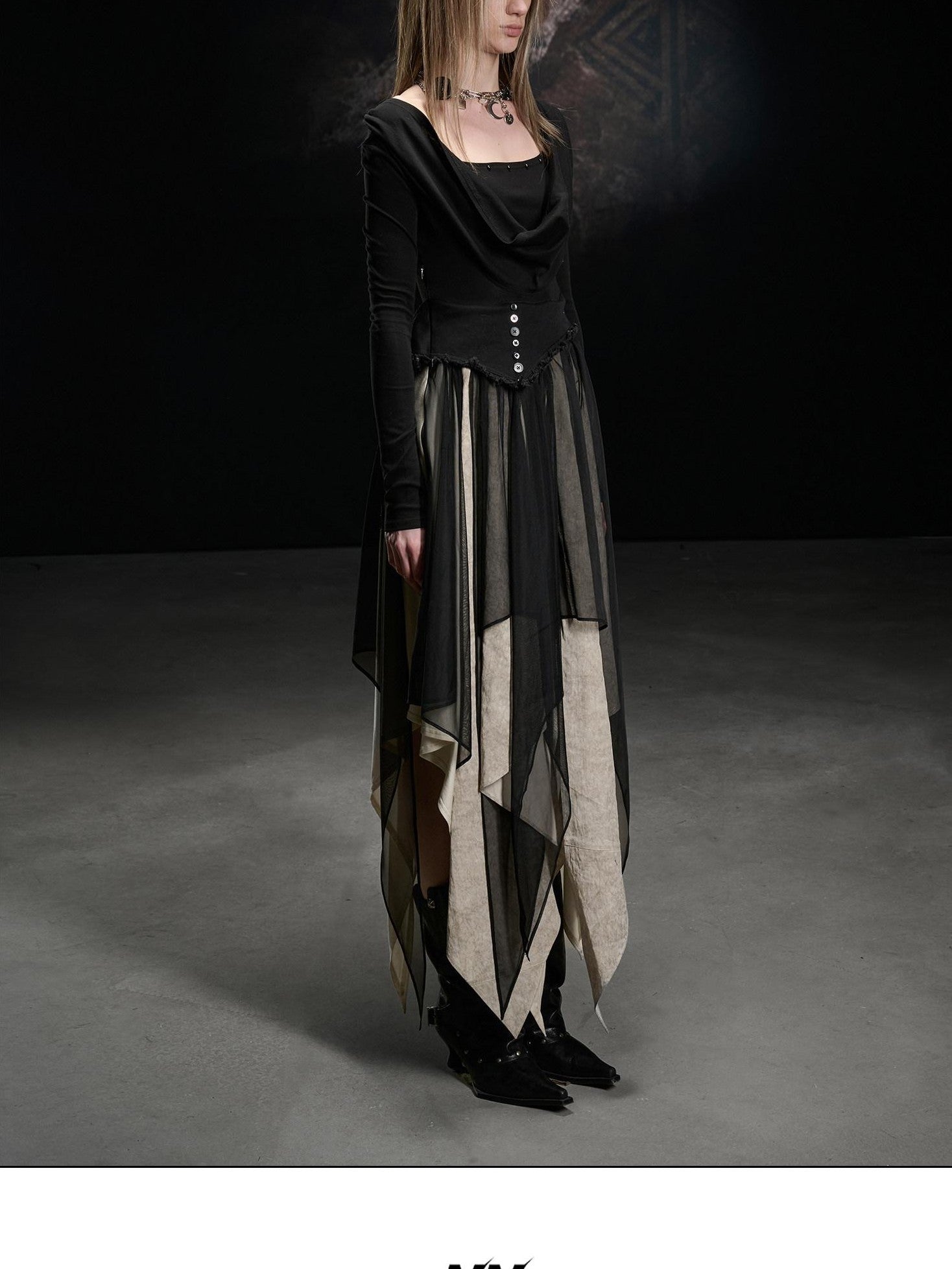 NORTH NODE Draped Neckline Mesh Panel Irregular Hem Women&