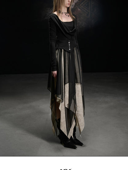 NORTH NODE Draped Neckline Mesh Panel Irregular Hem Women&
