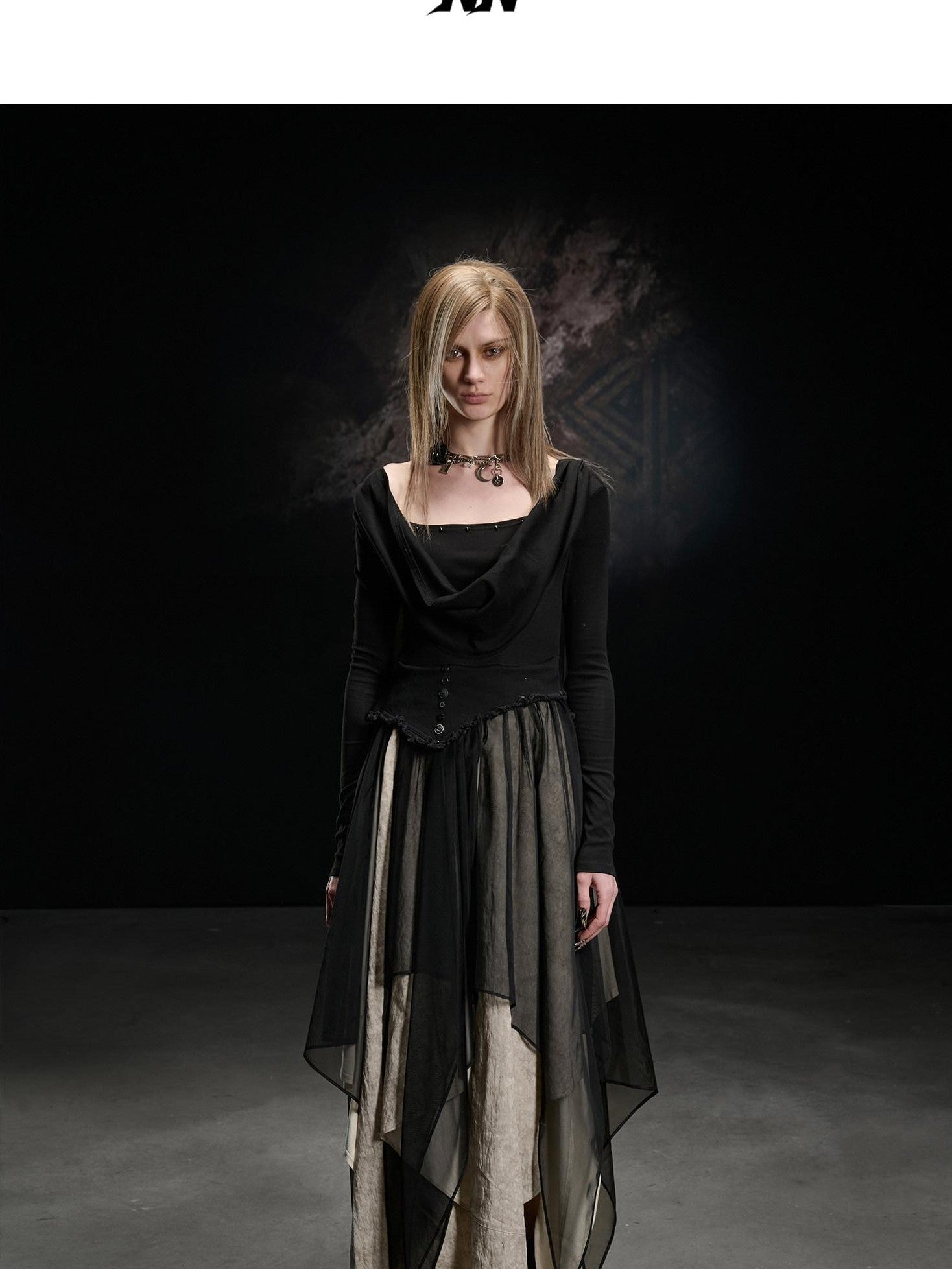 NORTH NODE Draped Neckline Mesh Panel Irregular Hem Women&