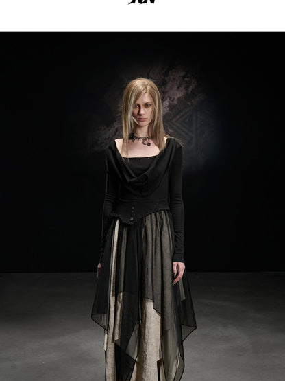 NORTH NODE Draped Neckline Mesh Panel Irregular Hem Women&