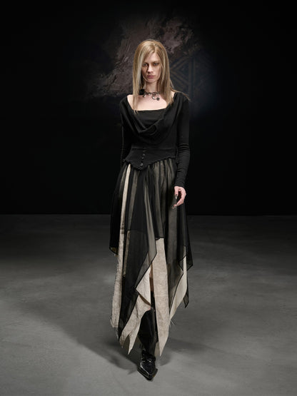 NORTH NODE Draped Neckline Mesh Panel Irregular Hem Women&