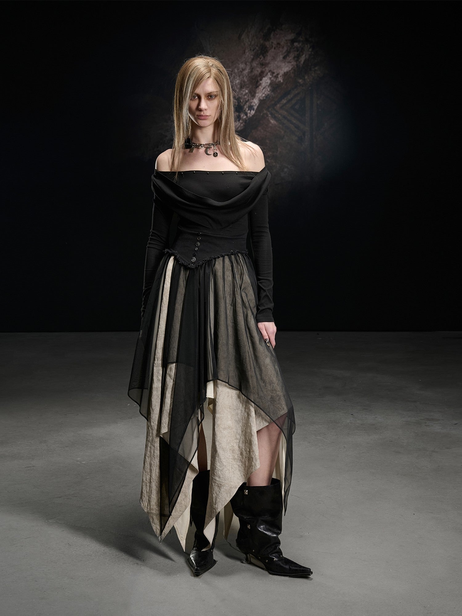 NORTH NODE Draped Neckline Mesh Panel Irregular Hem Women&