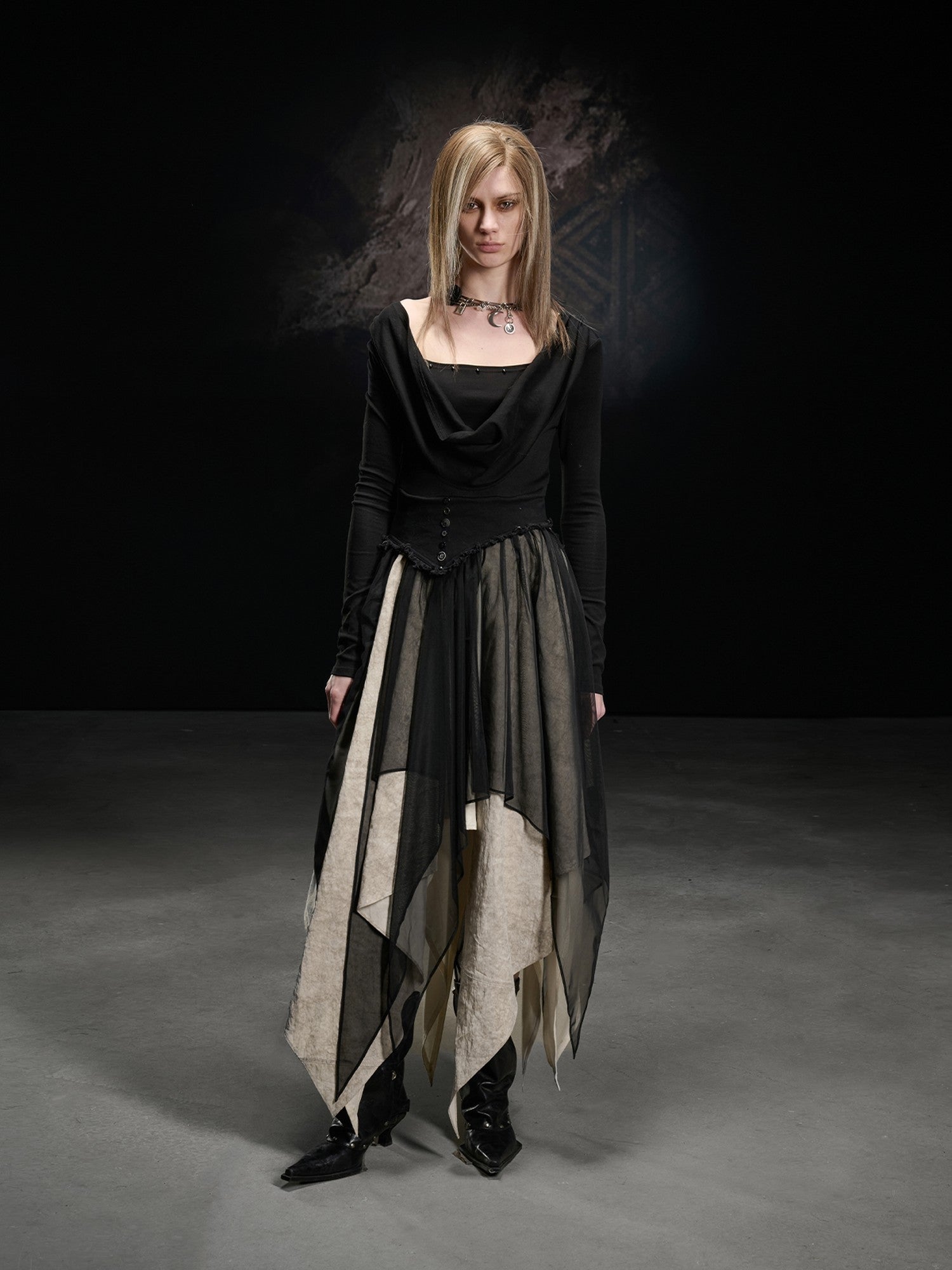 NORTH NODE Draped Neckline Mesh Panel Irregular Hem Women&