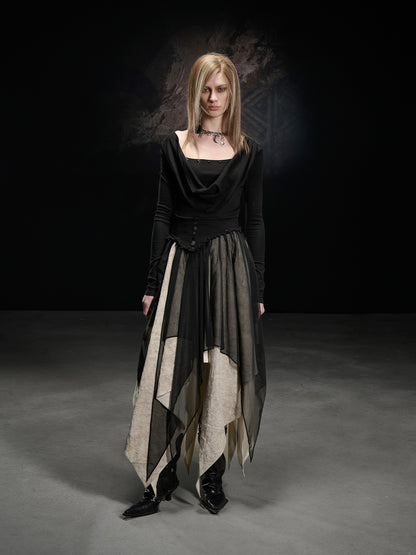 NORTH NODE Draped Neckline Mesh Panel Irregular Hem Women&