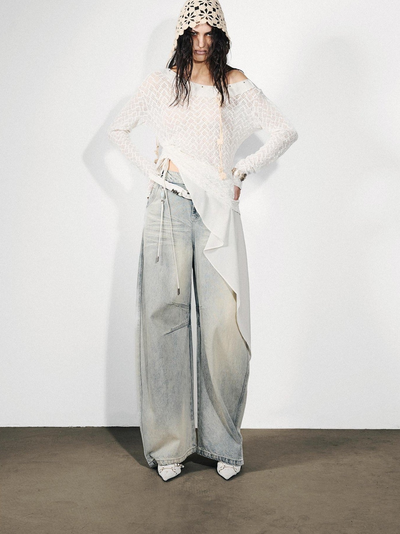 NORTH NODE Dream Net Lace Splice Ruching Ruffle Asymmetric Women&
