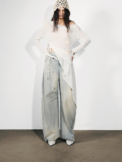 NORTH NODE Dream Net Lace Splice Ruching Ruffle Asymmetric Women&