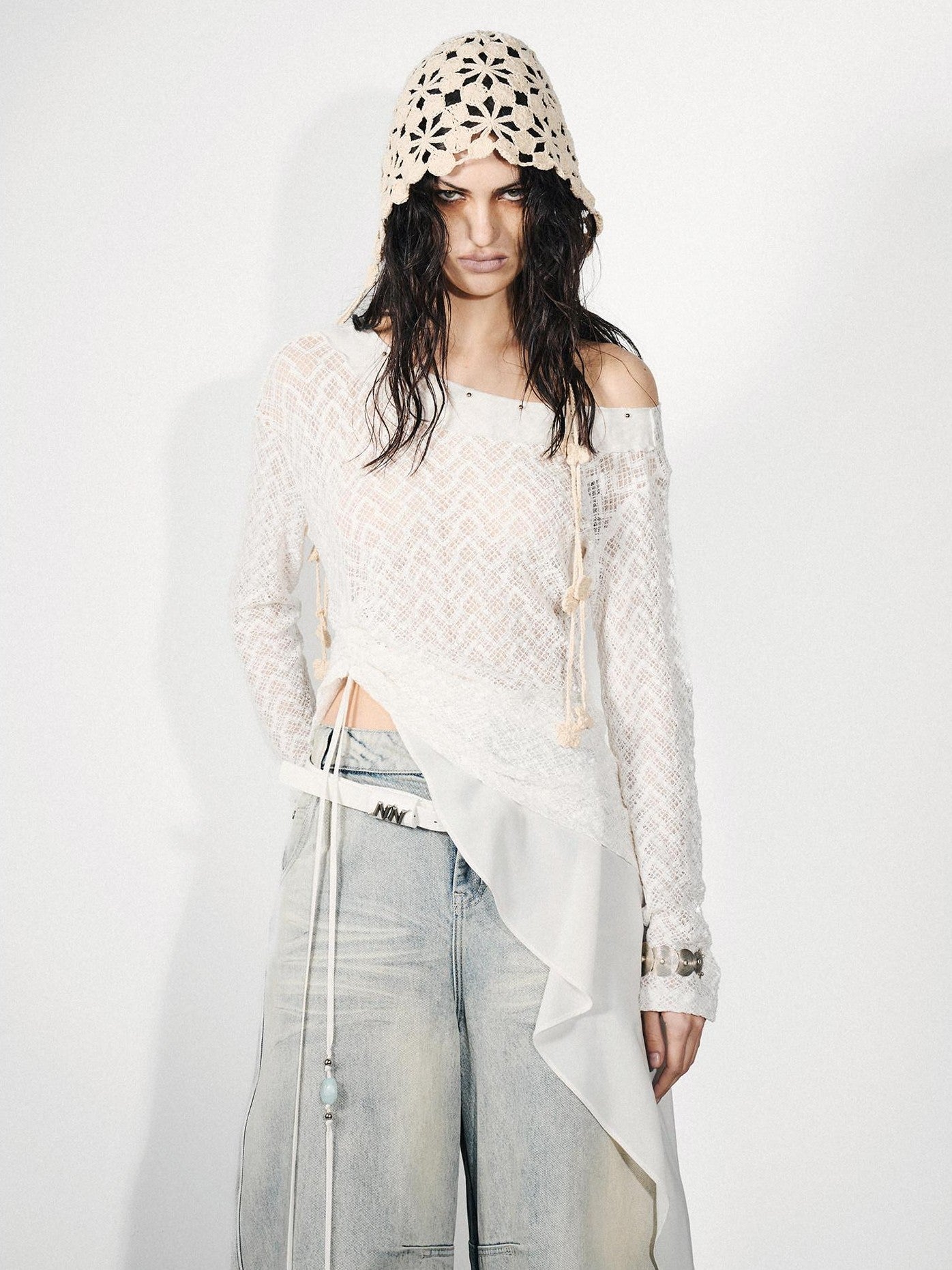 NORTH NODE Dream Net Lace Splice Ruching Ruffle Asymmetric Women&