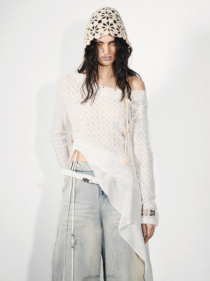 NORTH NODE Dream Net Lace Splice Ruching Ruffle Asymmetric Women&