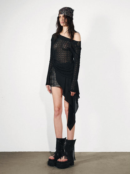 NORTH NODE Dream Net Lace Splice Ruching Ruffle Asymmetric Women&