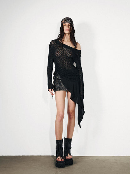 NORTH NODE Dream Net Lace Splice Ruching Ruffle Asymmetric Women&