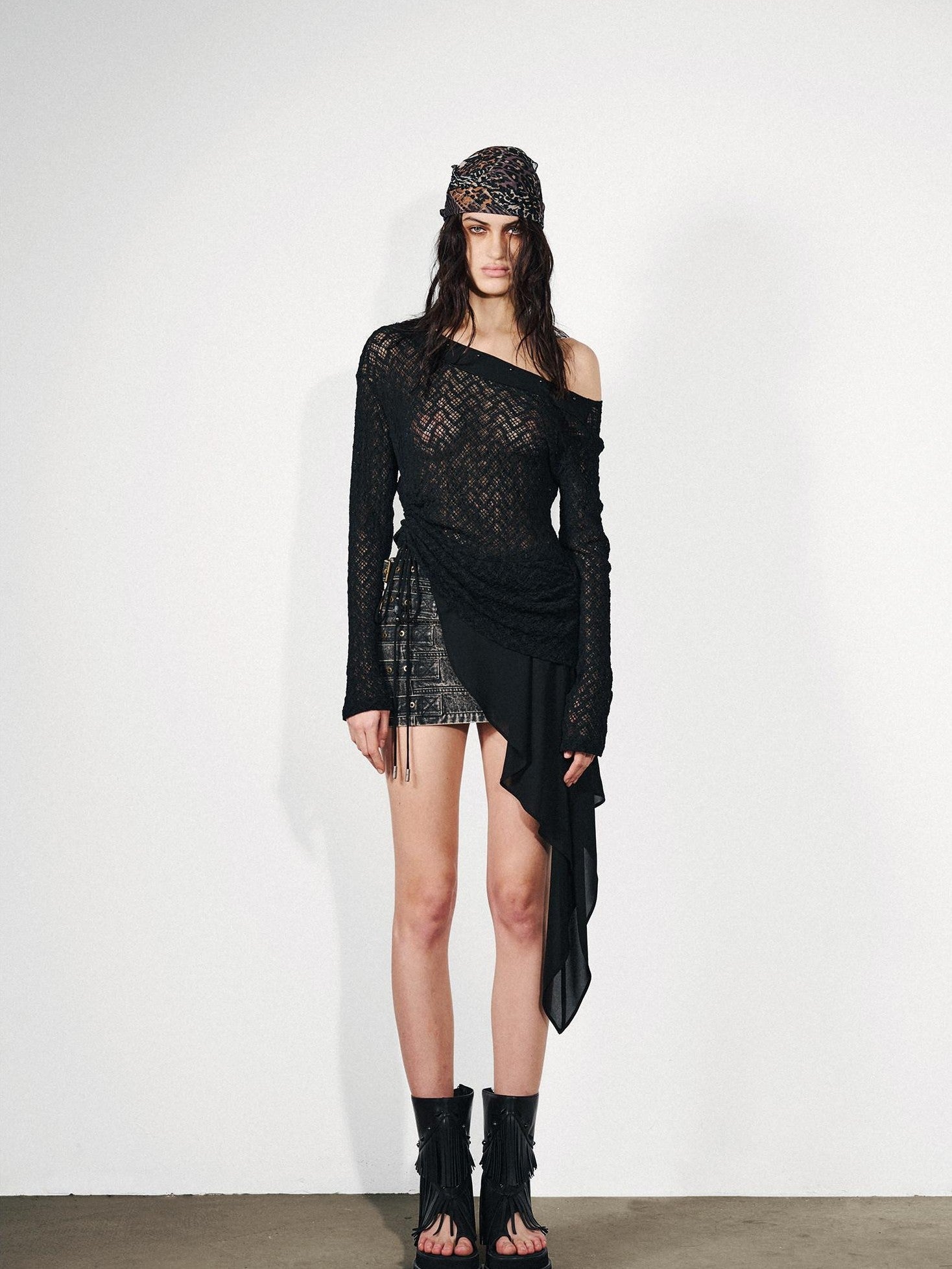 NORTH NODE Dream Net Lace Splice Ruching Ruffle Asymmetric Women&
