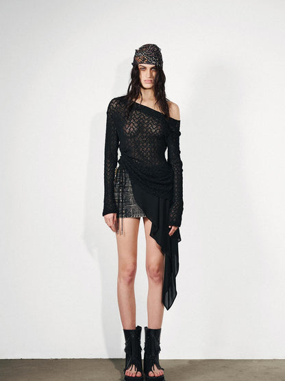 NORTH NODE Dream Net Lace Splice Ruching Ruffle Asymmetric Women&