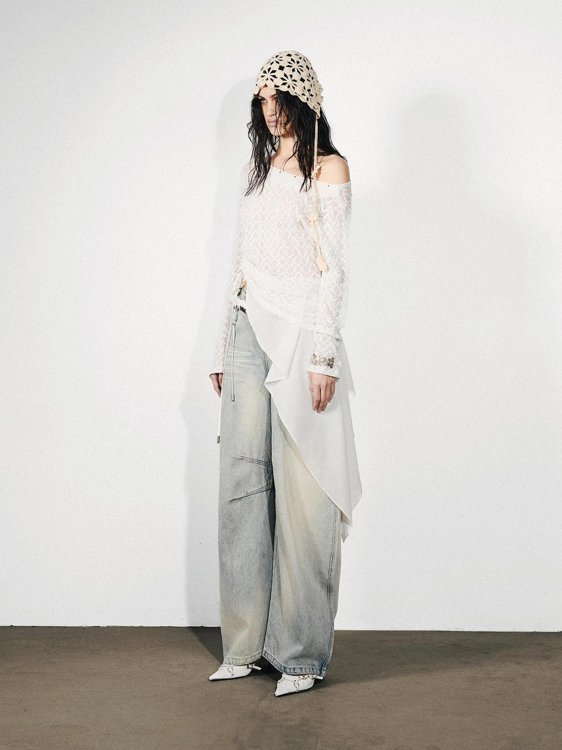NORTH NODE Dream Net Lace Splice Ruching Ruffle Asymmetric Women&