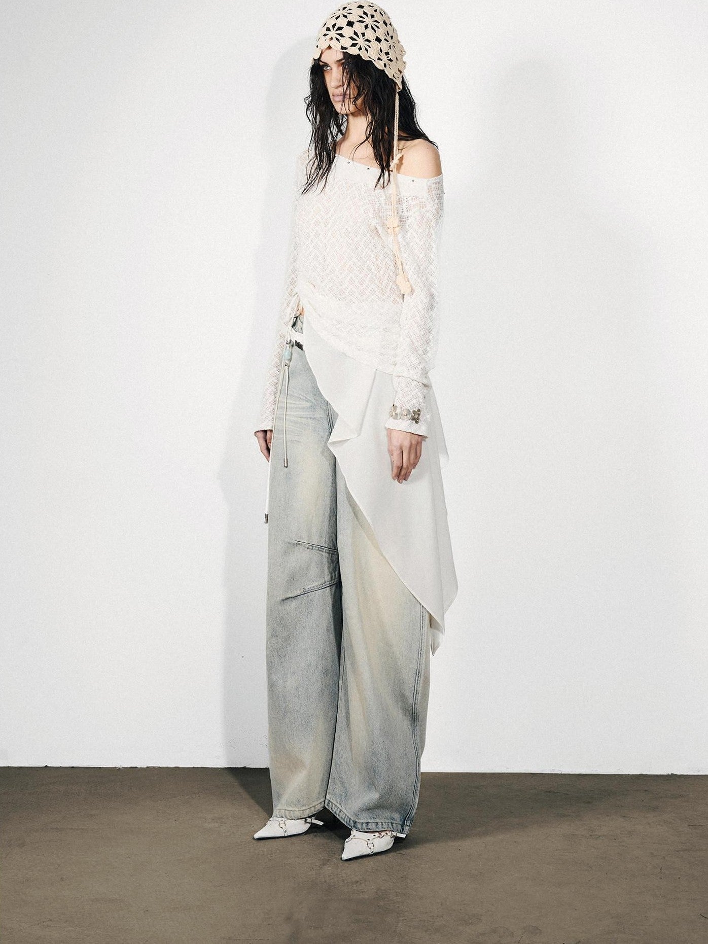 NORTH NODE Dream Net Lace Splice Ruching Ruffle Asymmetric Women&
