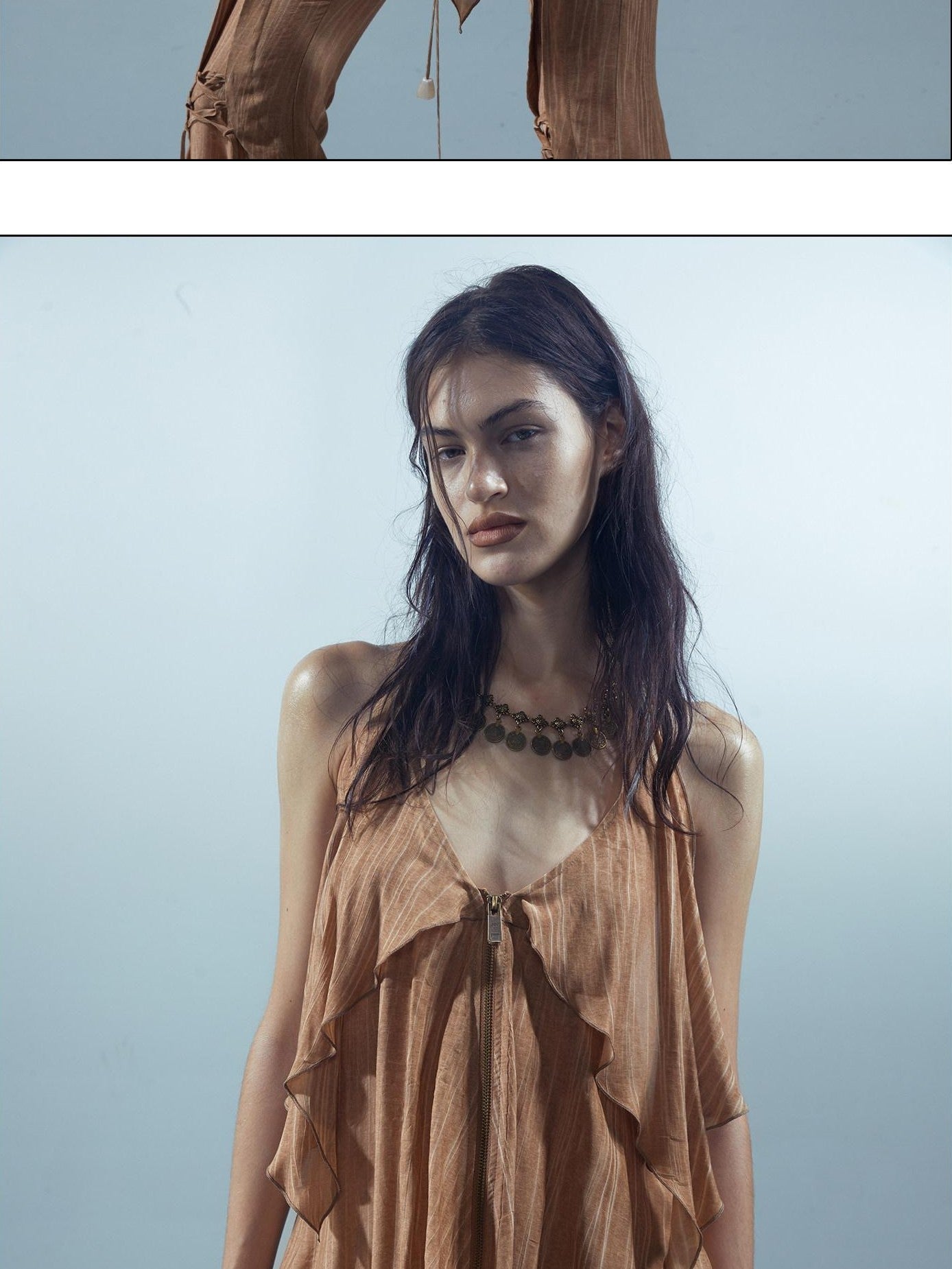 NORTH NODE Dyed Print Ruffled Lettuce Edge Halter Neck Women&