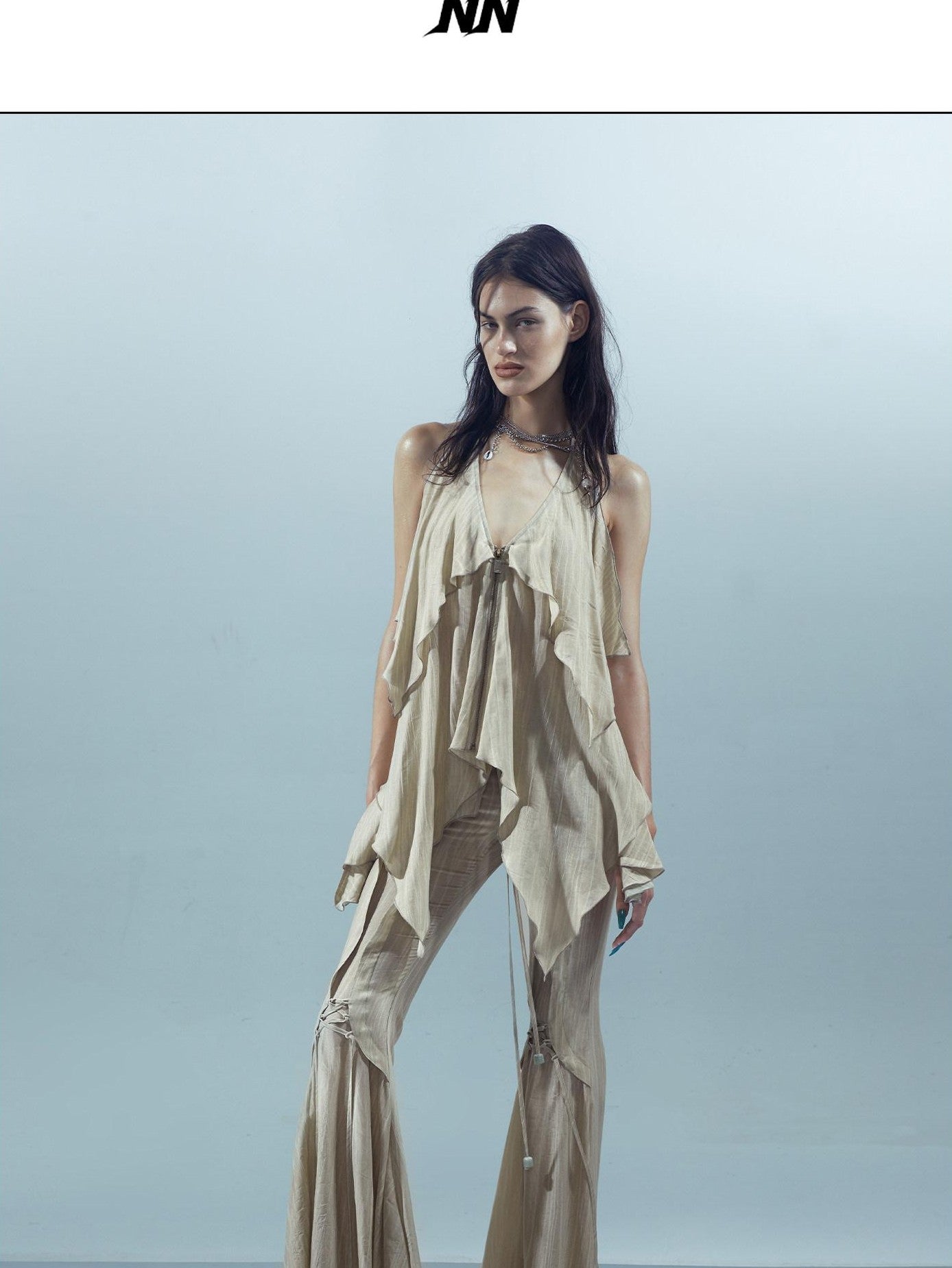 NORTH NODE Dyed Print Ruffled Lettuce Edge Halter Neck Women&