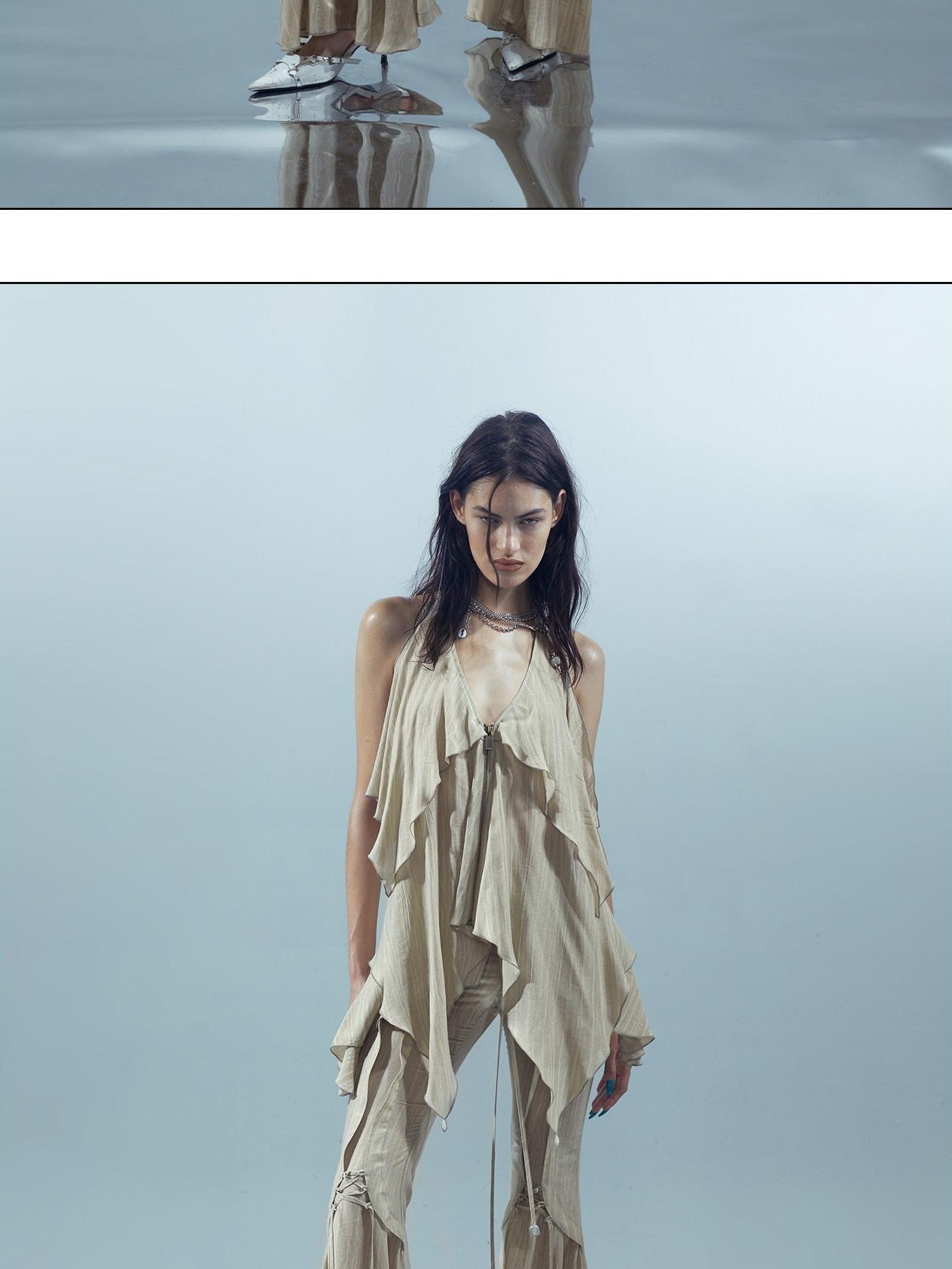 NORTH NODE Dyed Print Ruffled Lettuce Edge Halter Neck Women&