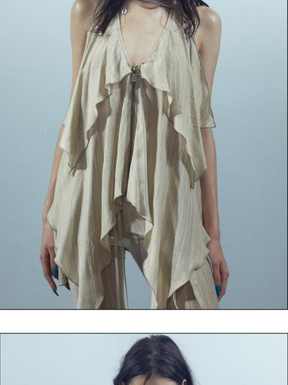 NORTH NODE Dyed Print Ruffled Lettuce Edge Halter Neck Women&