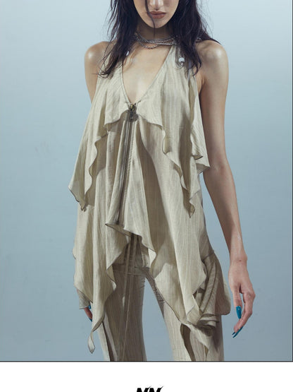 NORTH NODE Dyed Print Ruffled Lettuce Edge Halter Neck Women&