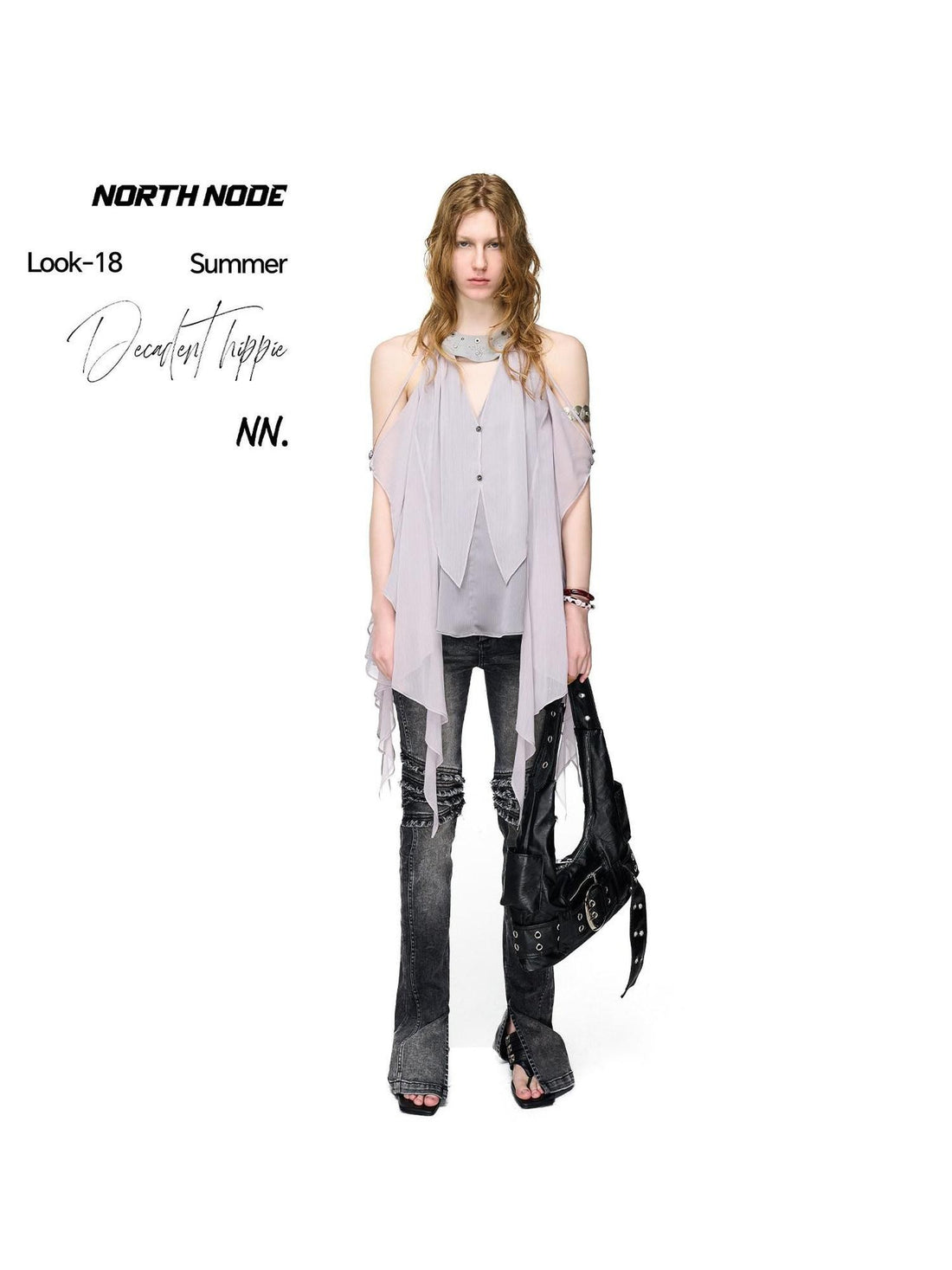NORTH NODE Embroidered Ruffle Asymmetrical Off Shoulder Halter Women&