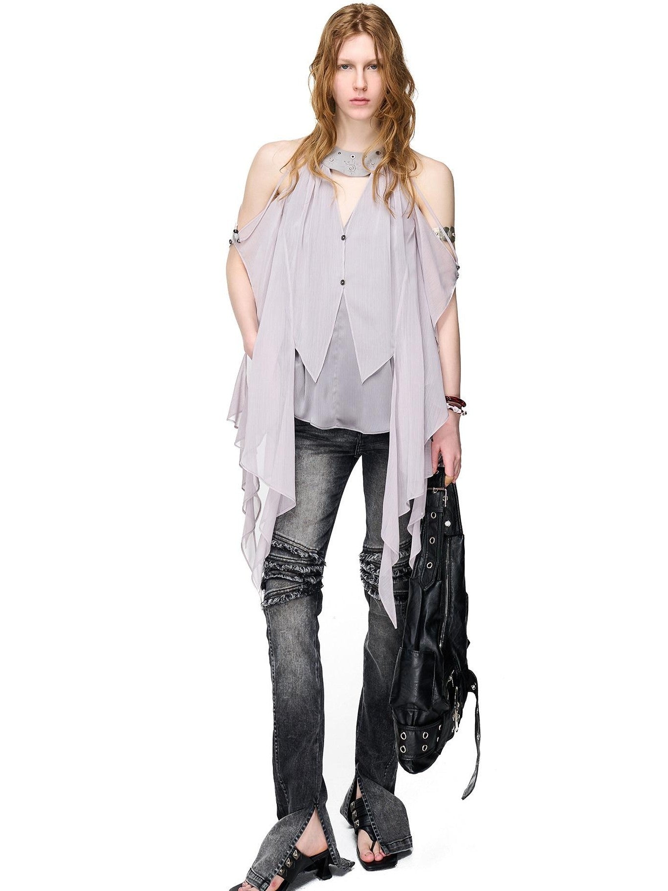 NORTH NODE Embroidered Ruffle Asymmetrical Off Shoulder Halter Women&