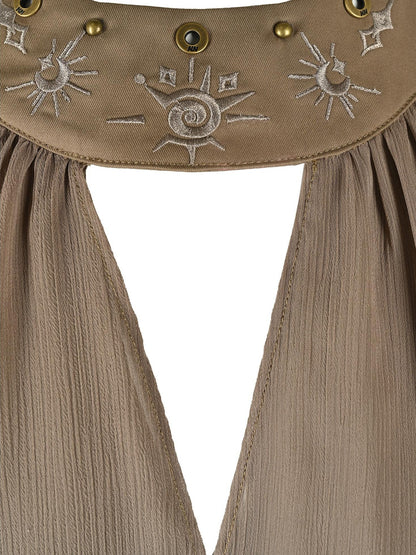 NORTH NODE Embroidered Ruffle Asymmetrical Off Shoulder Halter Women&