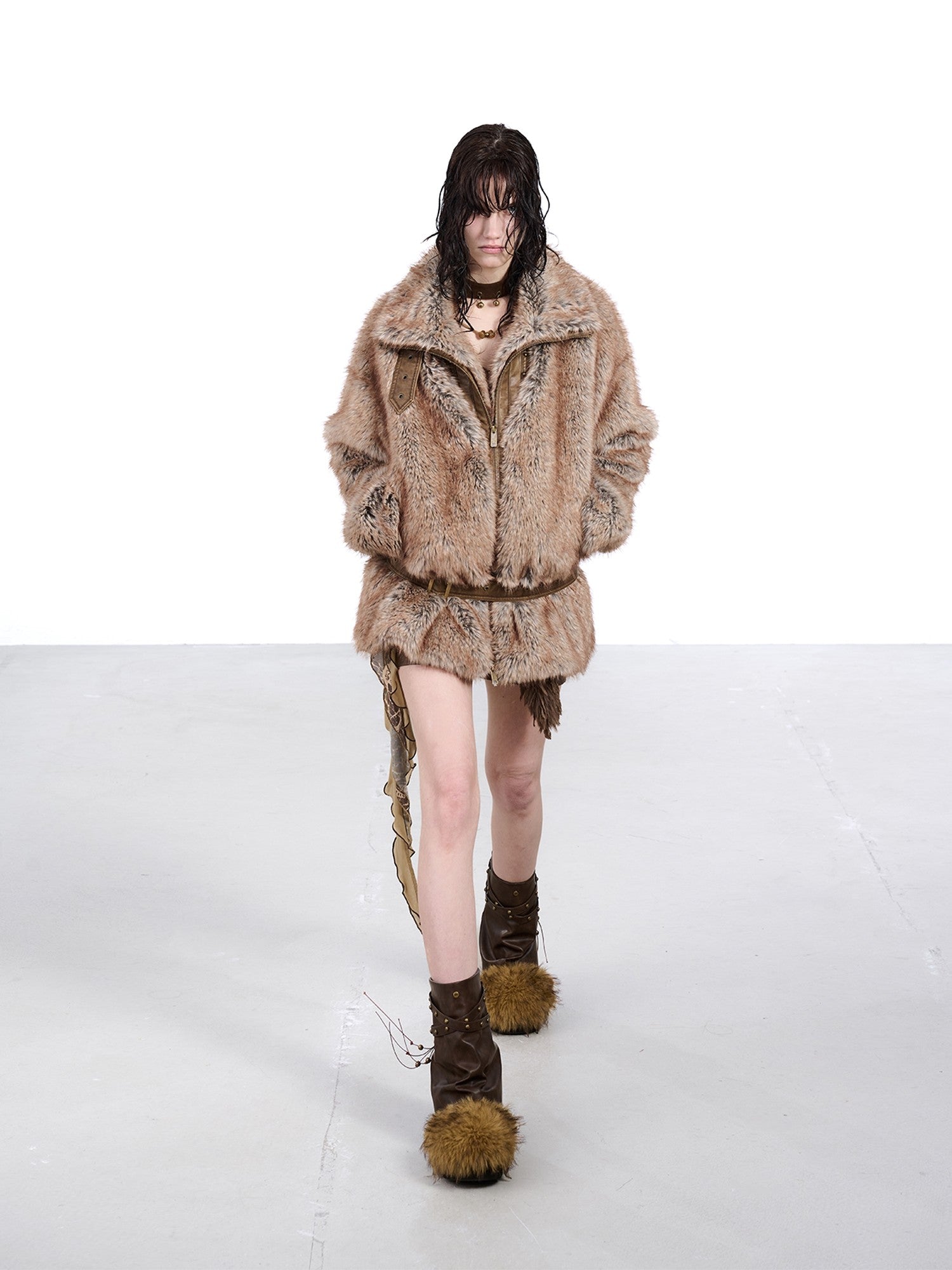 NORTH NODE Faded Wash Faux Fur Patchwork Zip Stand Collar Women&