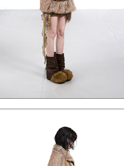 NORTH NODE Faded Wash Faux Fur Patchwork Zip Stand Collar Women&
