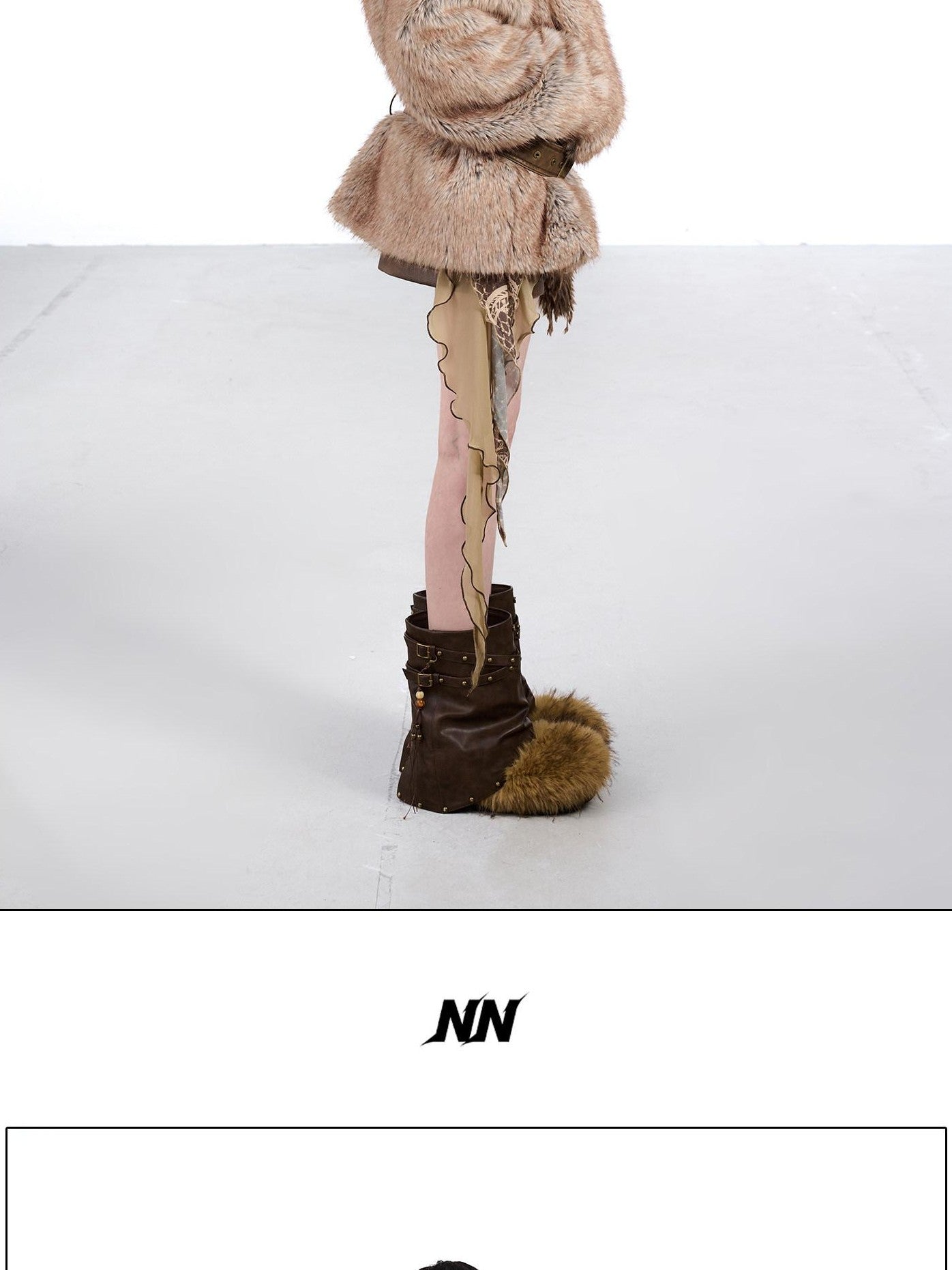 NORTH NODE Faded Wash Faux Fur Patchwork Zip Stand Collar Women&