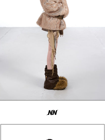 NORTH NODE Faded Wash Faux Fur Patchwork Zip Stand Collar Women&