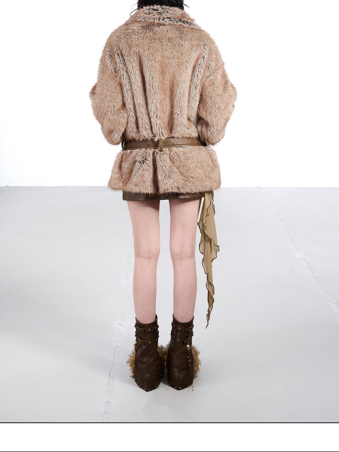 NORTH NODE Faded Wash Faux Fur Patchwork Zip Stand Collar Women&