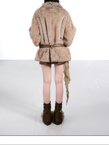 NORTH NODE Faded Wash Faux Fur Patchwork Zip Stand Collar Women&