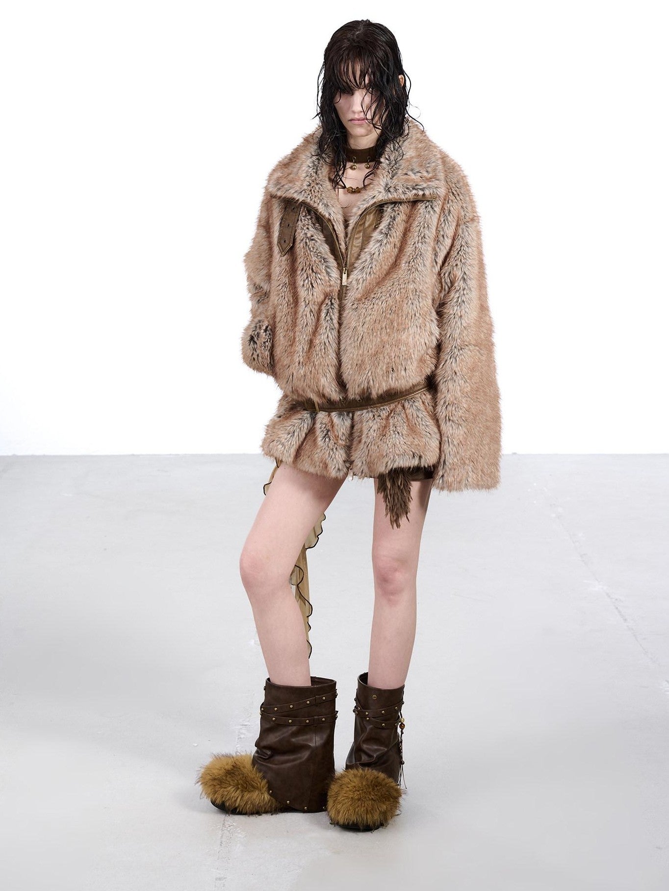 NORTH NODE Faded Wash Faux Fur Patchwork Zip Stand Collar Women&