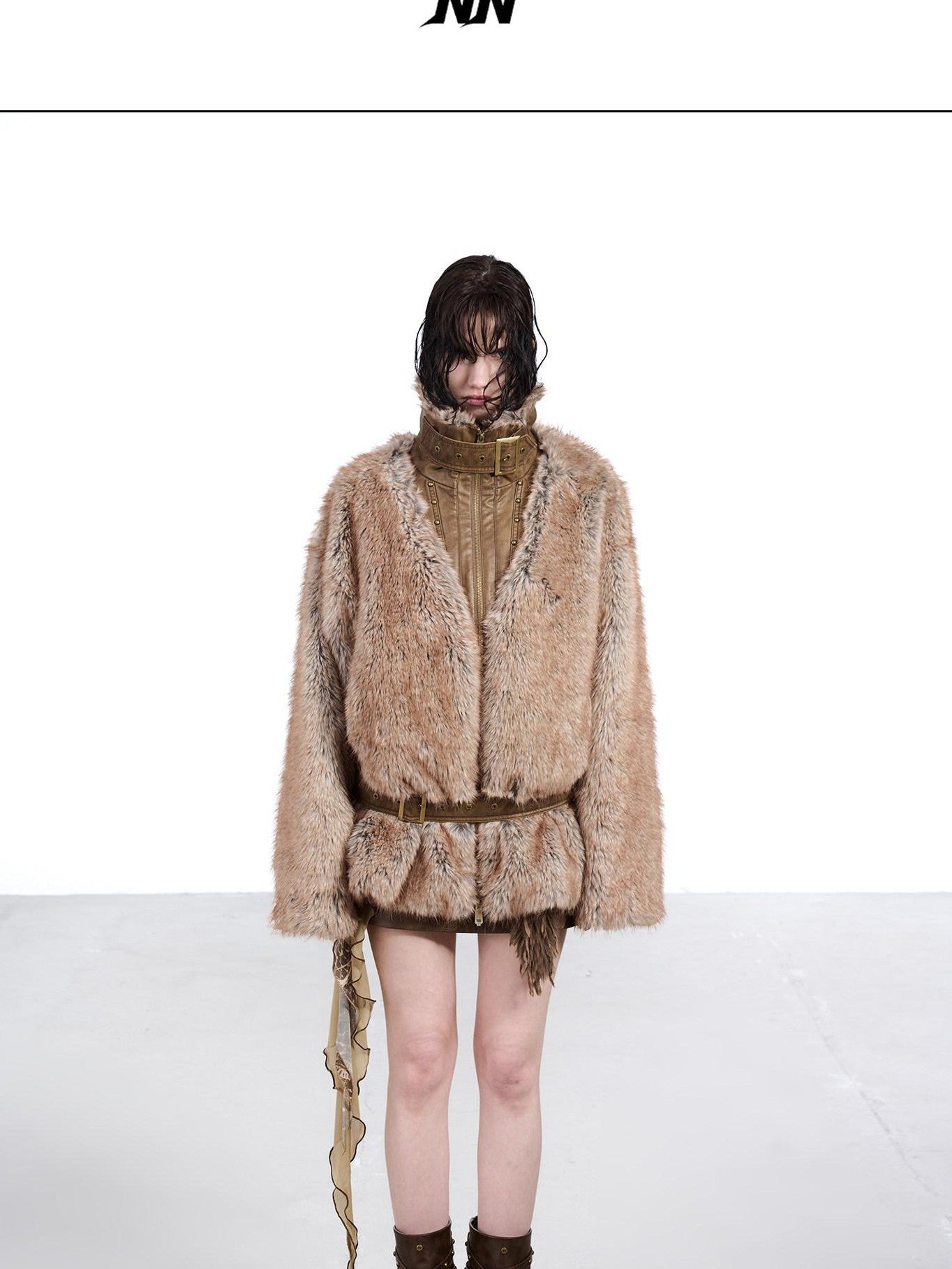 NORTH NODE Faded Wash Faux Fur Patchwork Zip Stand Collar Women&