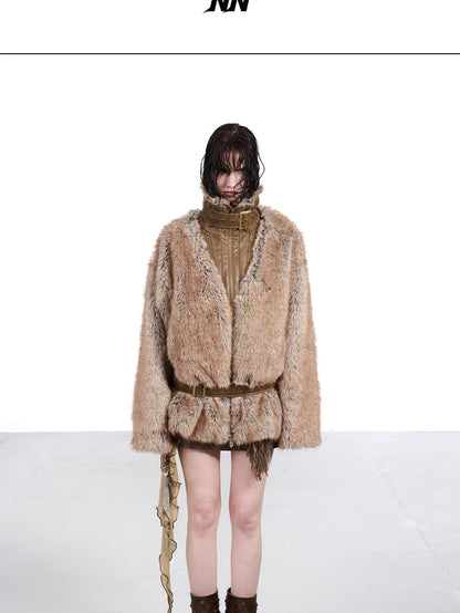 NORTH NODE Faded Wash Faux Fur Patchwork Zip Stand Collar Women&