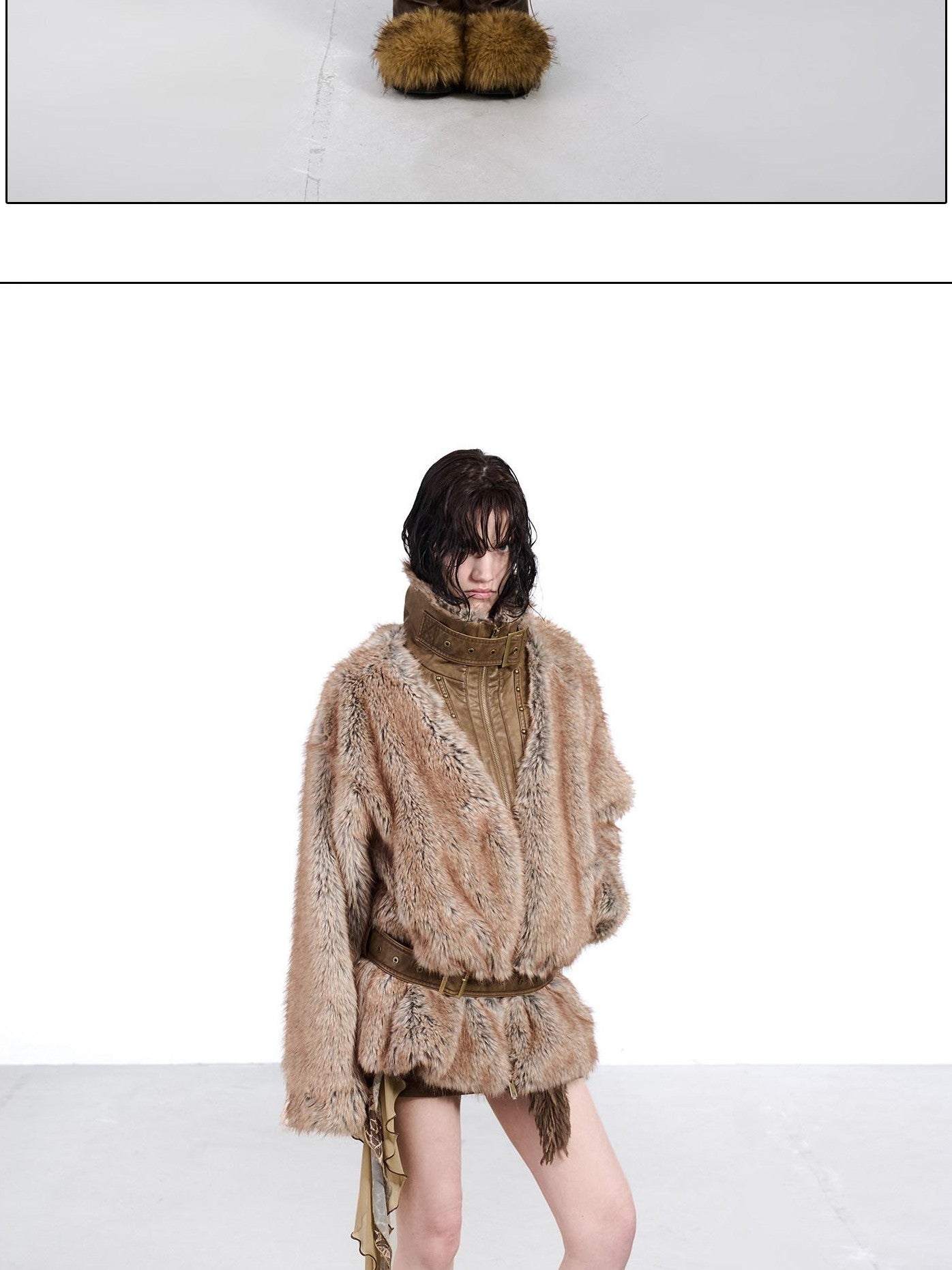 NORTH NODE Faded Wash Faux Fur Patchwork Zip Stand Collar Women&