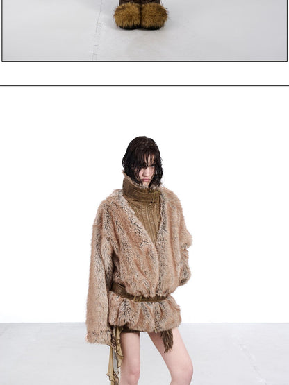 NORTH NODE Faded Wash Faux Fur Patchwork Zip Stand Collar Women&
