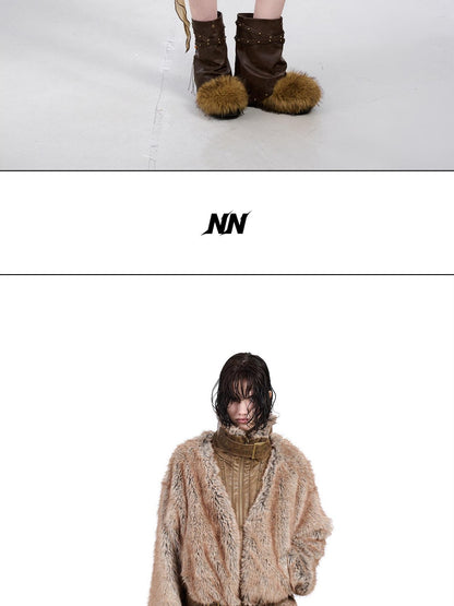 NORTH NODE Faded Wash Faux Fur Patchwork Zip Stand Collar Women&