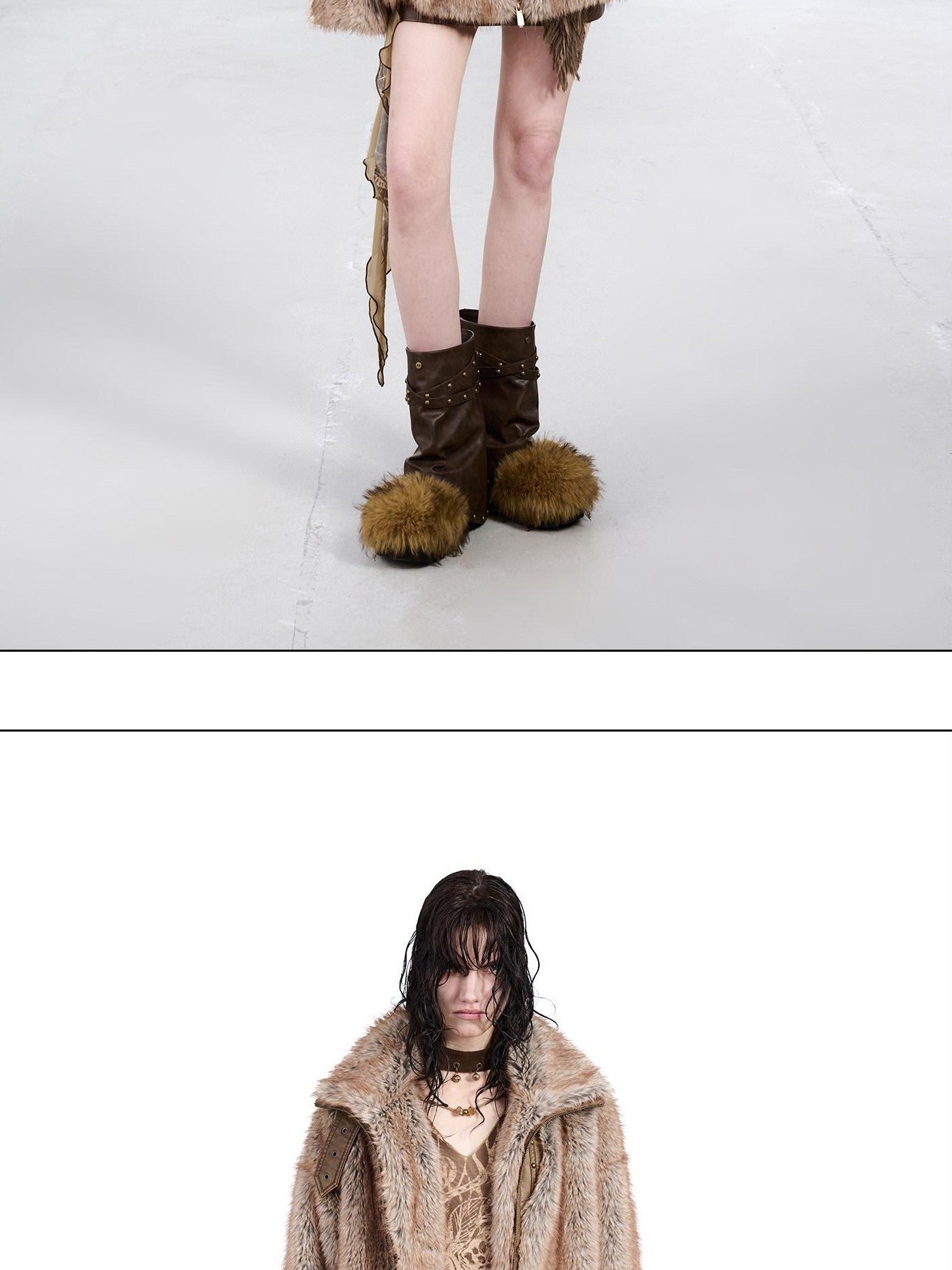 NORTH NODE Faded Wash Faux Fur Patchwork Zip Stand Collar Women&