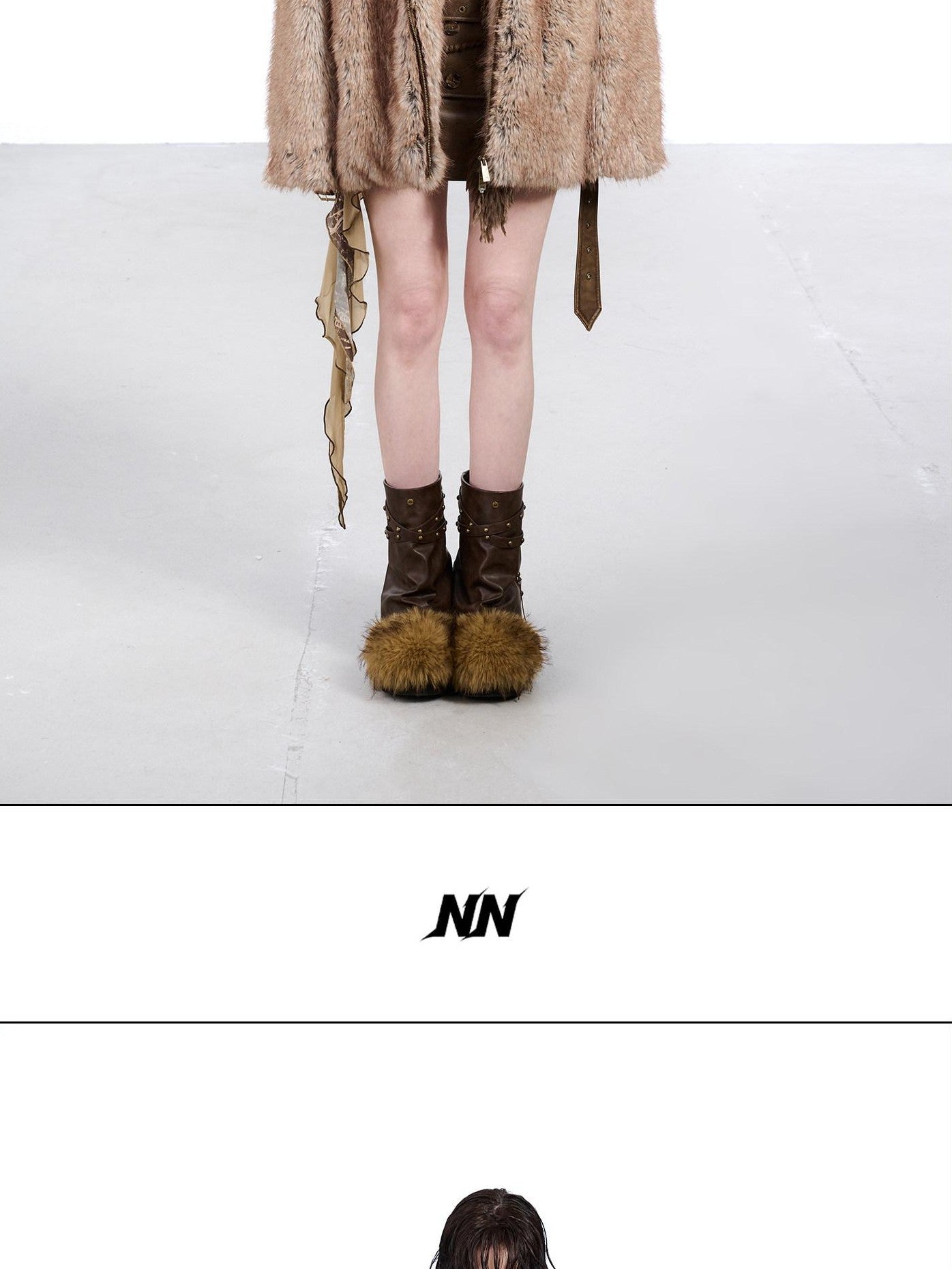 NORTH NODE Faded Wash Faux Fur Patchwork Zip Stand Collar Women&