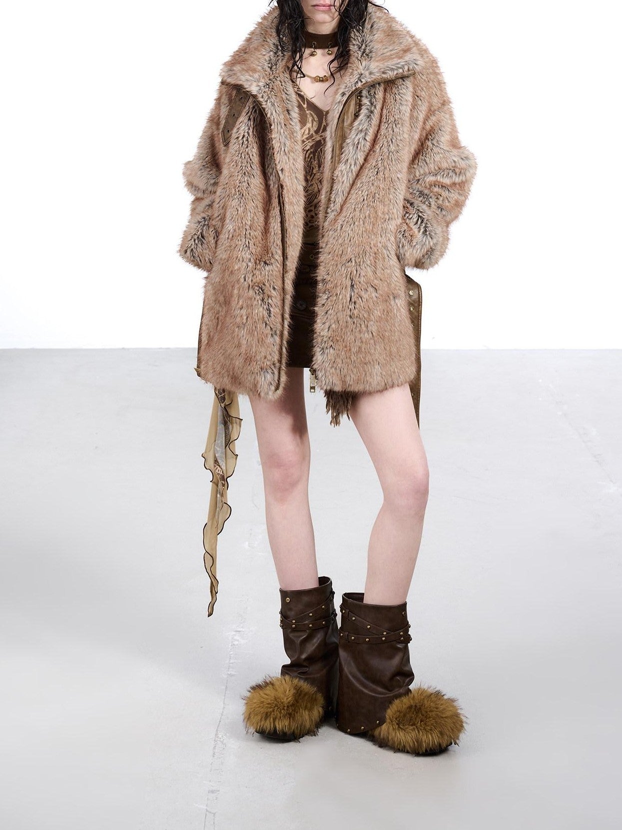 NORTH NODE Faded Wash Faux Fur Patchwork Zip Stand Collar Women&