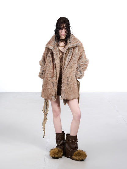 NORTH NODE Faded Wash Faux Fur Patchwork Zip Stand Collar Women&