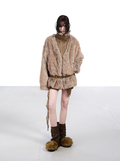 NORTH NODE Faded Wash Faux Fur Patchwork Zip Stand Collar Women&