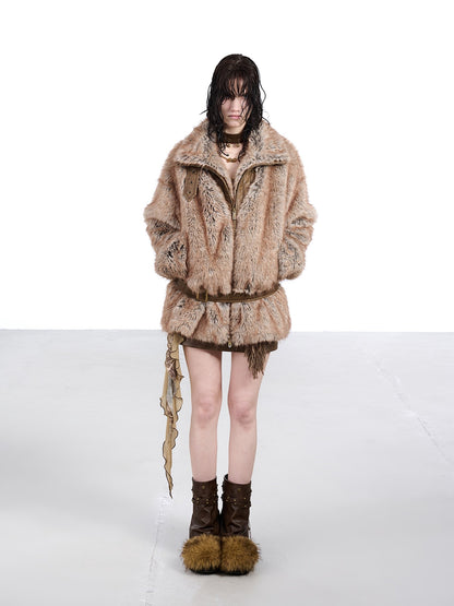 NORTH NODE Faded Wash Faux Fur Patchwork Zip Stand Collar Women&