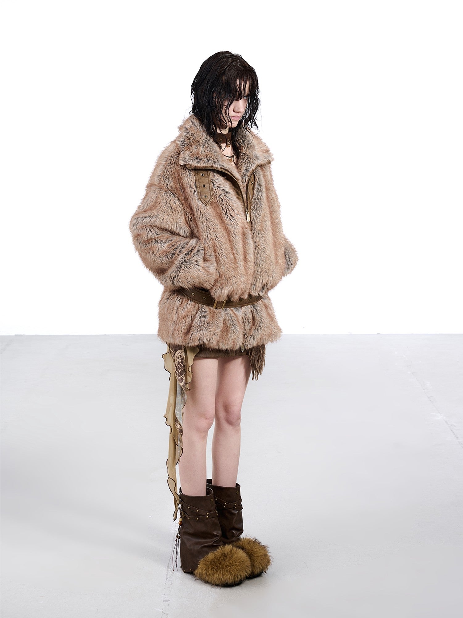 NORTH NODE Faded Wash Faux Fur Patchwork Zip Stand Collar Women&