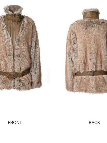 NORTH NODE Faded Wash Faux Fur Patchwork Zip Stand Collar Women&