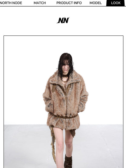 NORTH NODE Faded Wash Faux Fur Patchwork Zip Stand Collar Women&