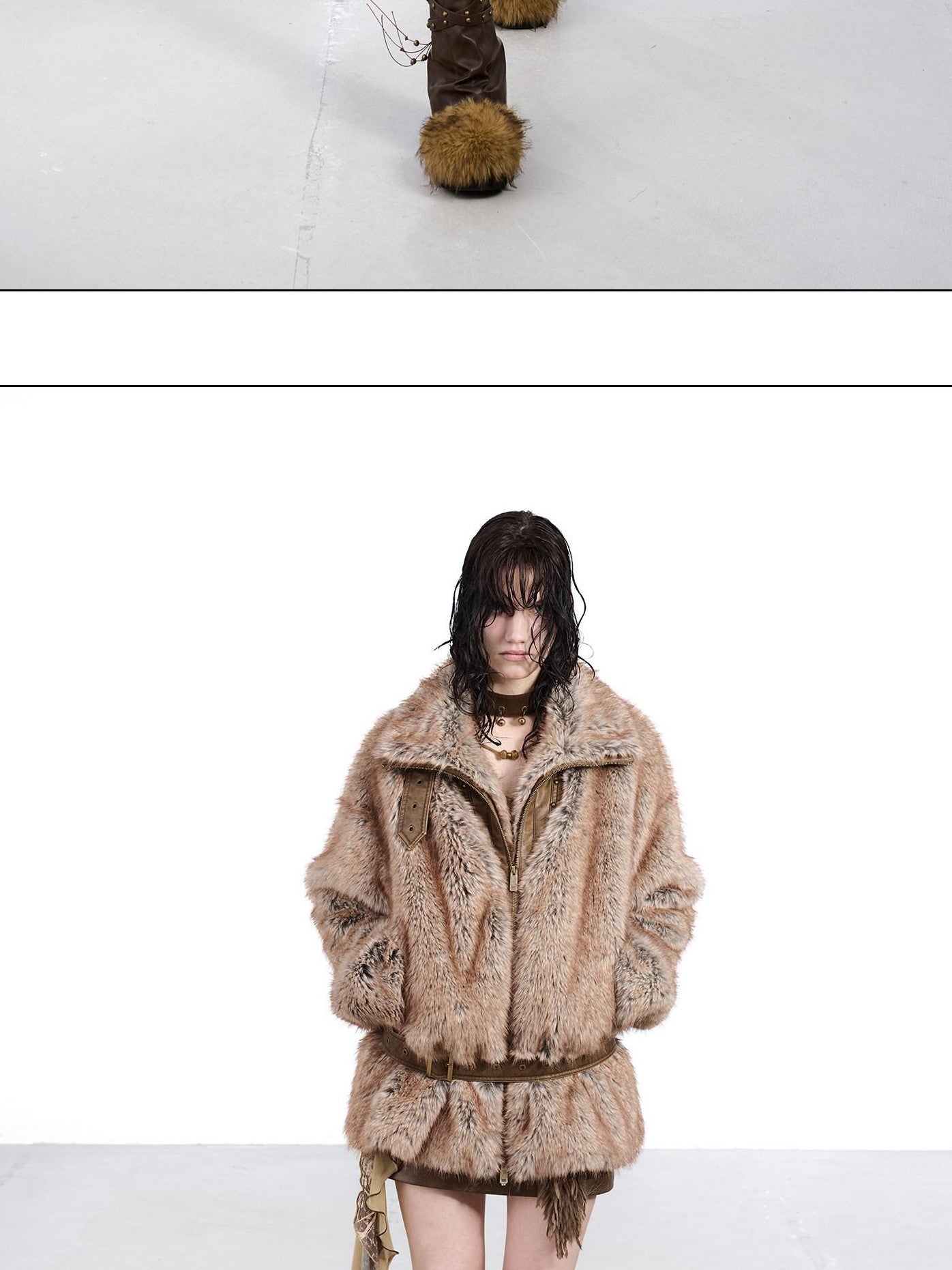 NORTH NODE Faded Wash Faux Fur Patchwork Zip Stand Collar Women&