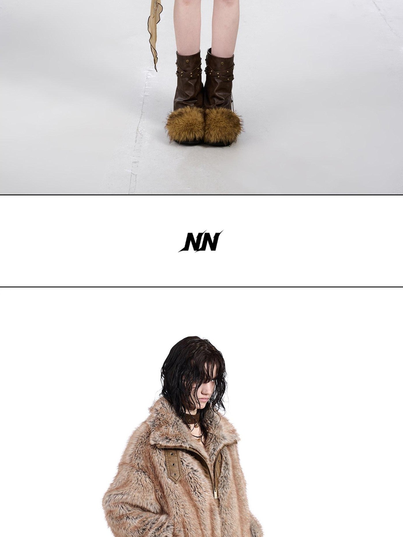 NORTH NODE Faded Wash Faux Fur Patchwork Zip Stand Collar Women&