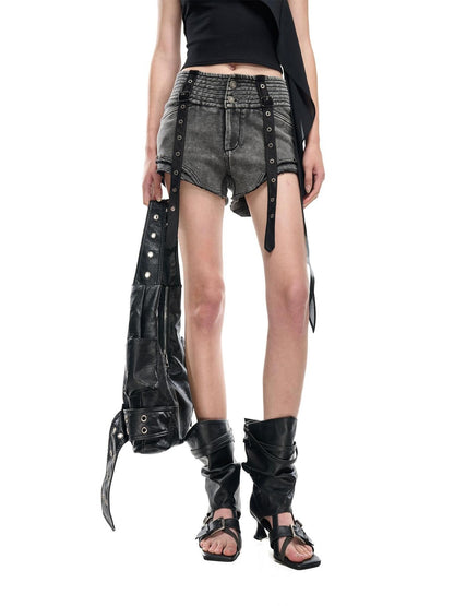 NORTH NODE Faded Wash Studded Wide Waistband High Waist Pockets Women&